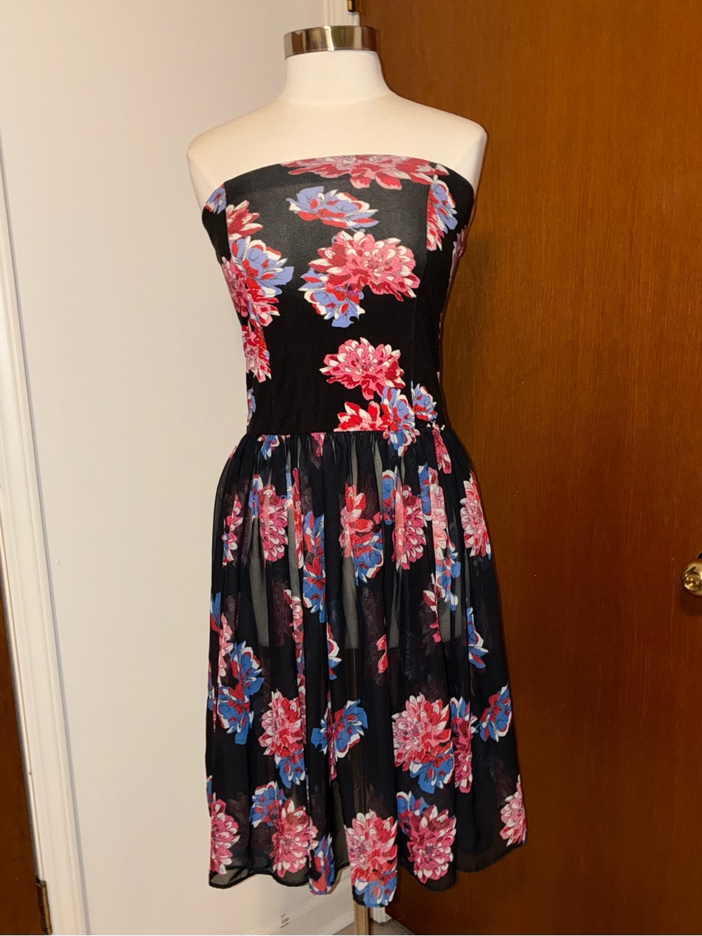 Free People Strapless Black Dress with Pink & Blue Floral Print